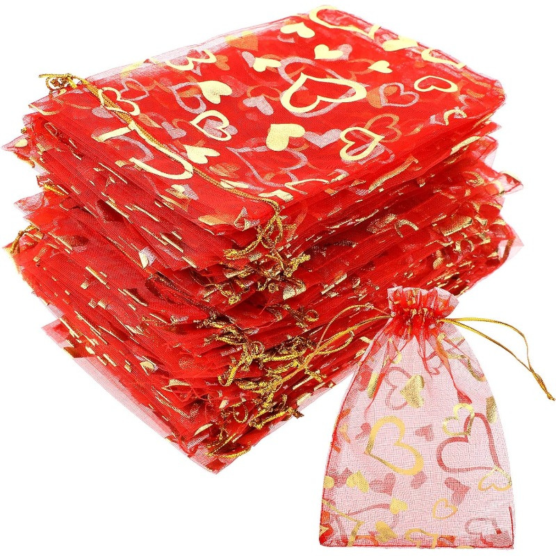 

100pcs Valentine's Day Heart Organza Bags 2.7x3.5inch Sheer Drawstring Bags Jewelry Candy Pouch Gift Bags For Wedding Birthday(red)