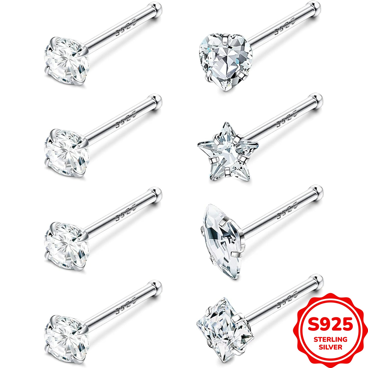 Image of 8pcs 20g 925 Sterling Silver Nose Rings Studs For Women Men Star Marquise Round Shaped Nose Stud L Shape Nose Ring Body Piercing Jewelry 1.6g/0.06oz