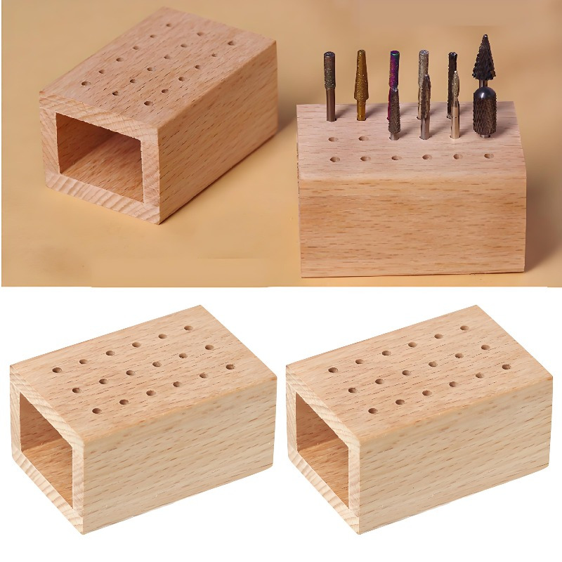 

1pc Premium Wooden Nail Drill Bit Holder - 18-hole Organizer Case For Manicure & Pedicure Bits, Tooth Polishing Heads Storage - , Yellow Wood, Nail Tech Supplies