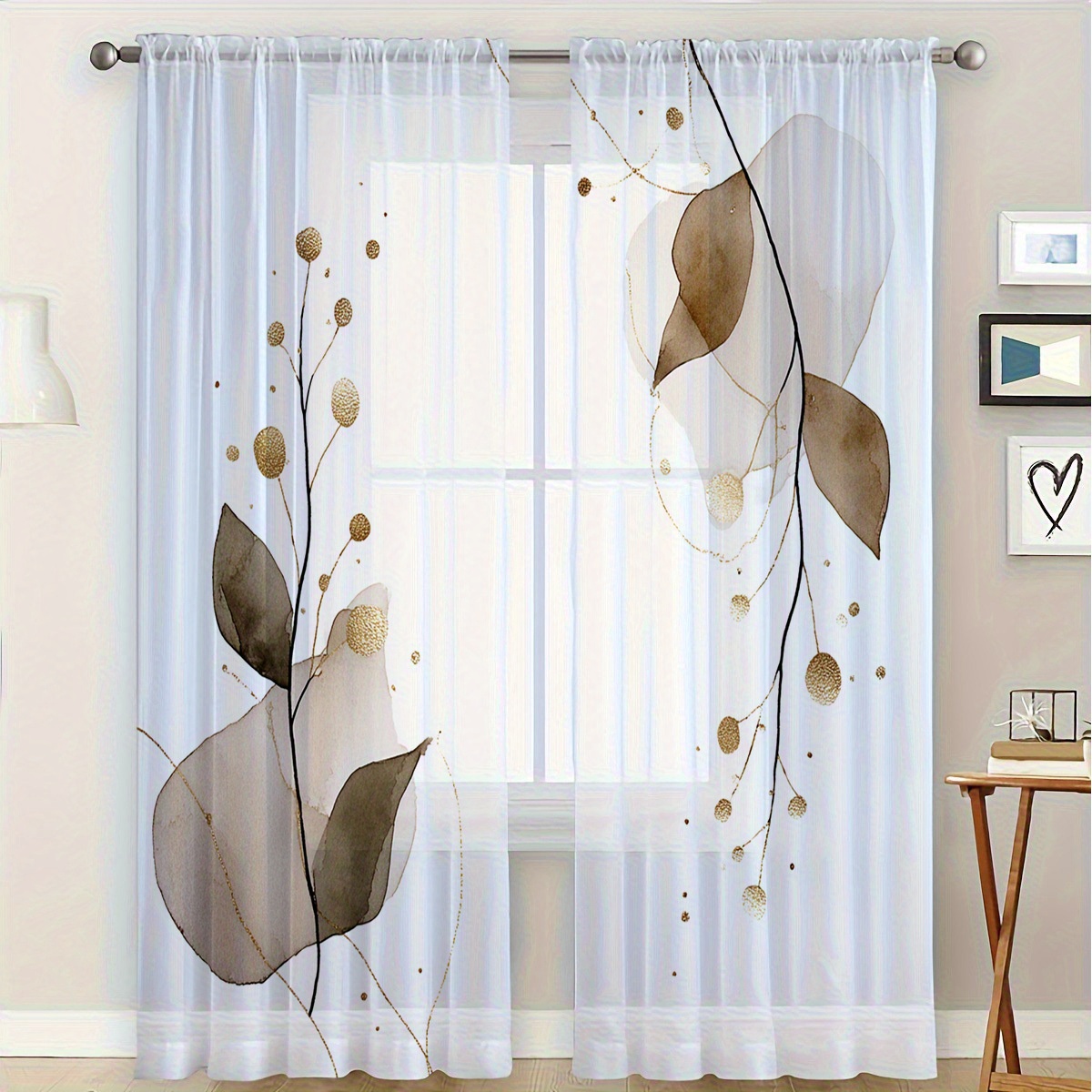 TEMU 2pcs Semi-transparent Home Decor Curtains, Elegant Watercolor Floral Drapes With Golden Accents, Modern Minimalist Style For Living Room And
