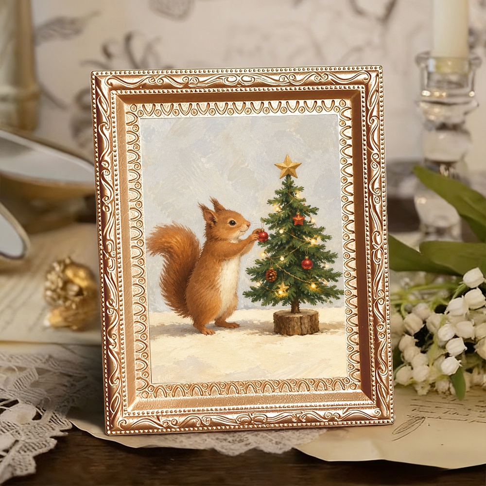TEMU Aimant de réfrigérateur vintage encadré en bois avec écureuil et sapin de Noël, décoration murale nostalgique des fêtes, cadeau de cuisine pour