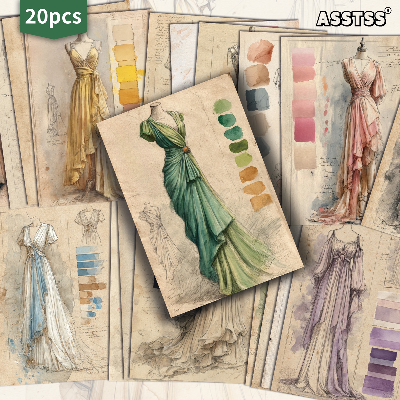 TEMU 20-pack Asstss Vintage Fashion Clothing Color Blocks Postcards - 4x6 Inches Retro Junk Journal Supplies, Classic Pinup Illustrations Collectible