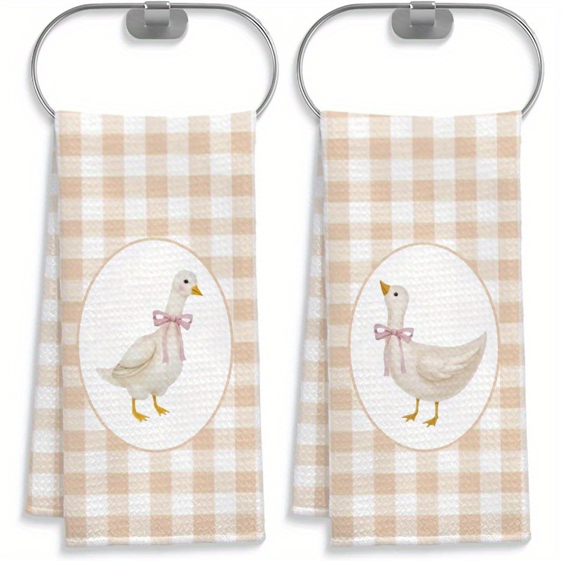 [farmhouse Goose Towels] Set Of 2 Farmhouse Goose Kitchen Towels, Measuring, Featuring Beige Gingham Checkered Design With Pink Bow, Perfect For Bathroom And Kitchen Decor