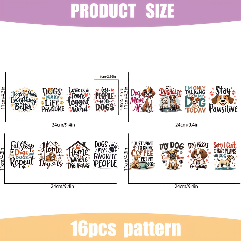 TEMU 16pcs Set Of Cute Dog-themed Uv Dtf Transfer Stickers- High Packaging, Featuring Designs Of , , Shih Tzu, And , With Paw Print And Bone Patterns