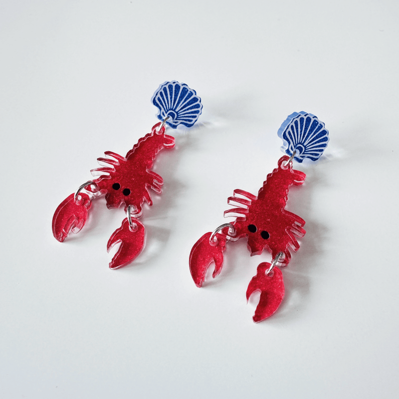 Image of A Pair Of Red Shimmering Lobster Acrylic Drop Earrings, Ocean-themed Stud Earrings With Blue Shells, Lightweight And Stylish Jewelry For Women