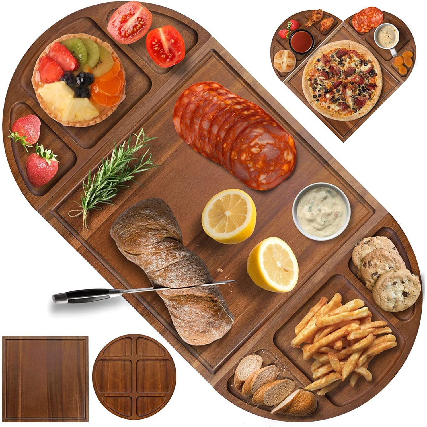 

Versatile Wooden Serving Platter - Steak, Cheese & Fruit | Ideal For Christmas Parties & Holiday Dinners | Kitchen Cutting Board Included