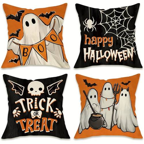 2d 4pcs satin peach single sided decorative pillowcases satin peach material halloween pillowcases decorative pillowcases with zipper closure machine washable with ghosts and spiderweb patterns