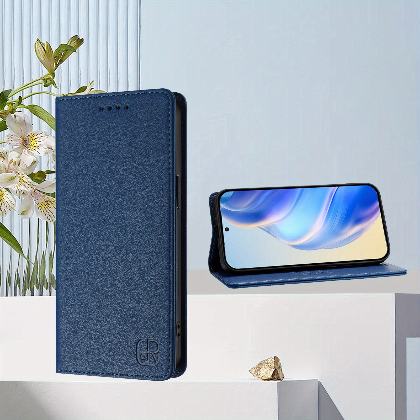 TEMU Phone Case: Dark Blue Magnetic Business Synthetic Leather Simple Creative Double-fold Wallet Card Slot Synthetic Leather Case With Wireless