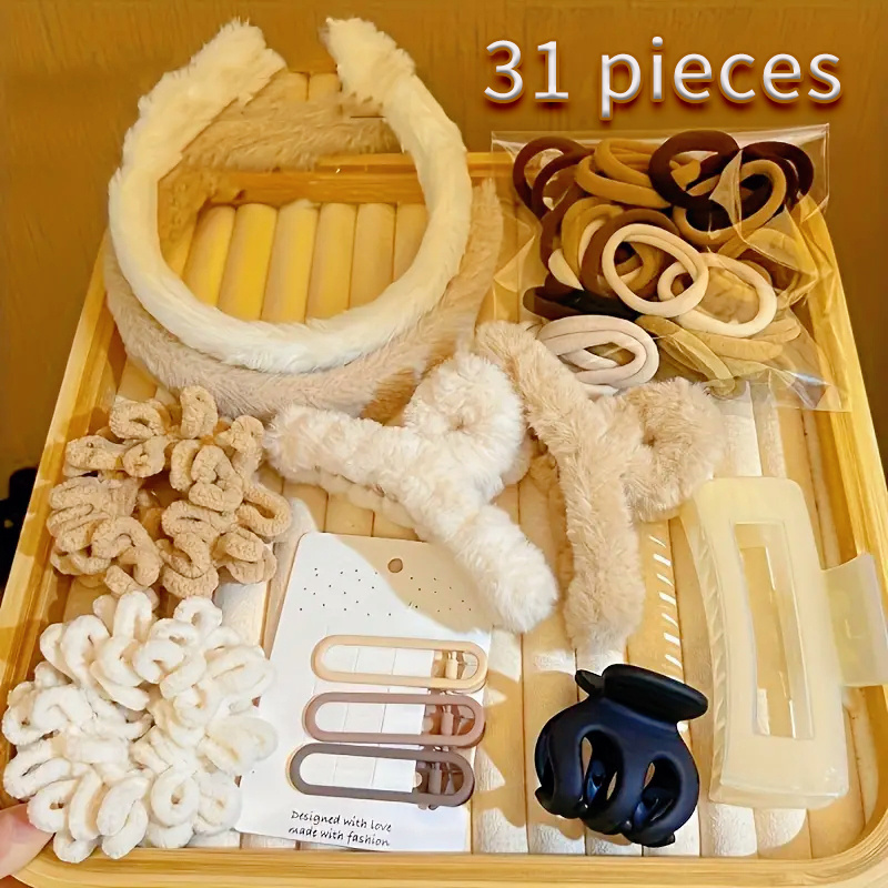 

31pcs Winter Cute Plush Hair Accessories Set - Rectangle Plastic Grab Clips, Side Bangs Hair Clips, Plush Hair Ring Headband, Hair Bands, Women's