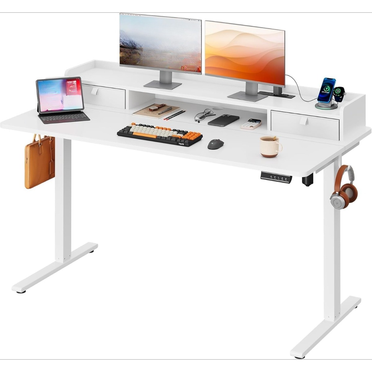 55×28 Inch Electric Standing Desk with Drawers | 3 Adjustable Height, Storage Shelf, Built-in USB Outlet, Memory Preset, Sit to Stand, Contemporary Style, White, Engineered Wood Top, Box Drawers, Floor Mount, by GALAXHERO