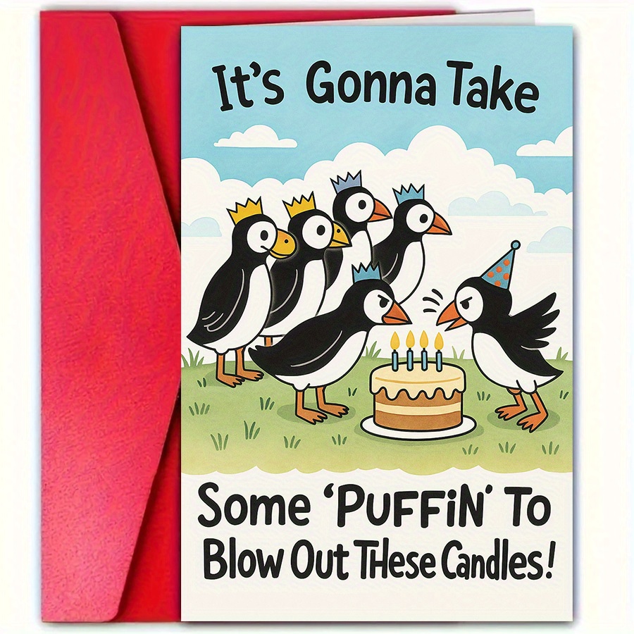 TEMU 1 carte d'anniversaire amusante avec un puffin, idéale pour et , parfaite pour les anniversaires et spéciaux de soufflage d'