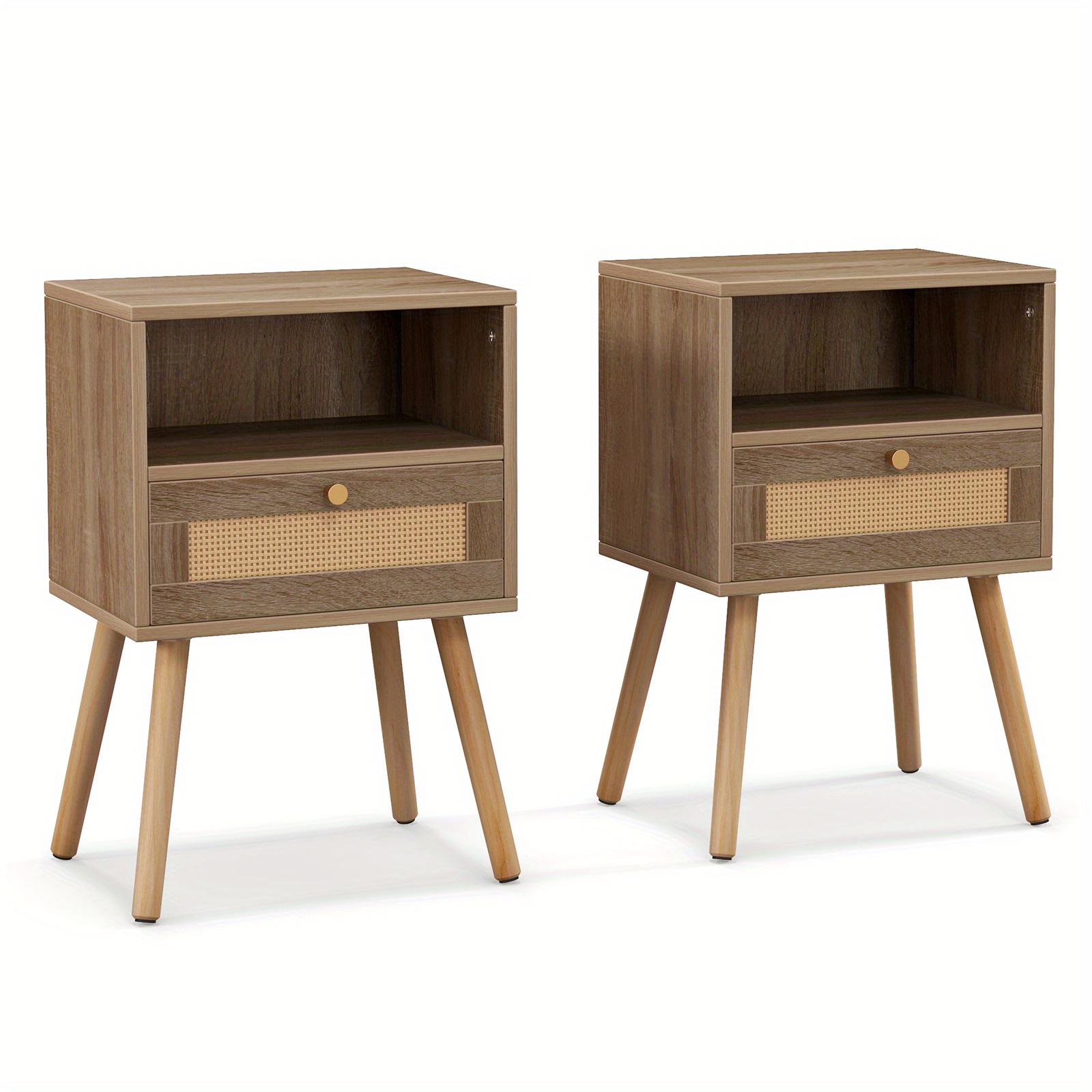 Rattan Nightstand Set Of 2, Boho Bedside Table With Solid Wood Legs, Drawer & Open Shelf, Modern End Table With Storage For Bedroom