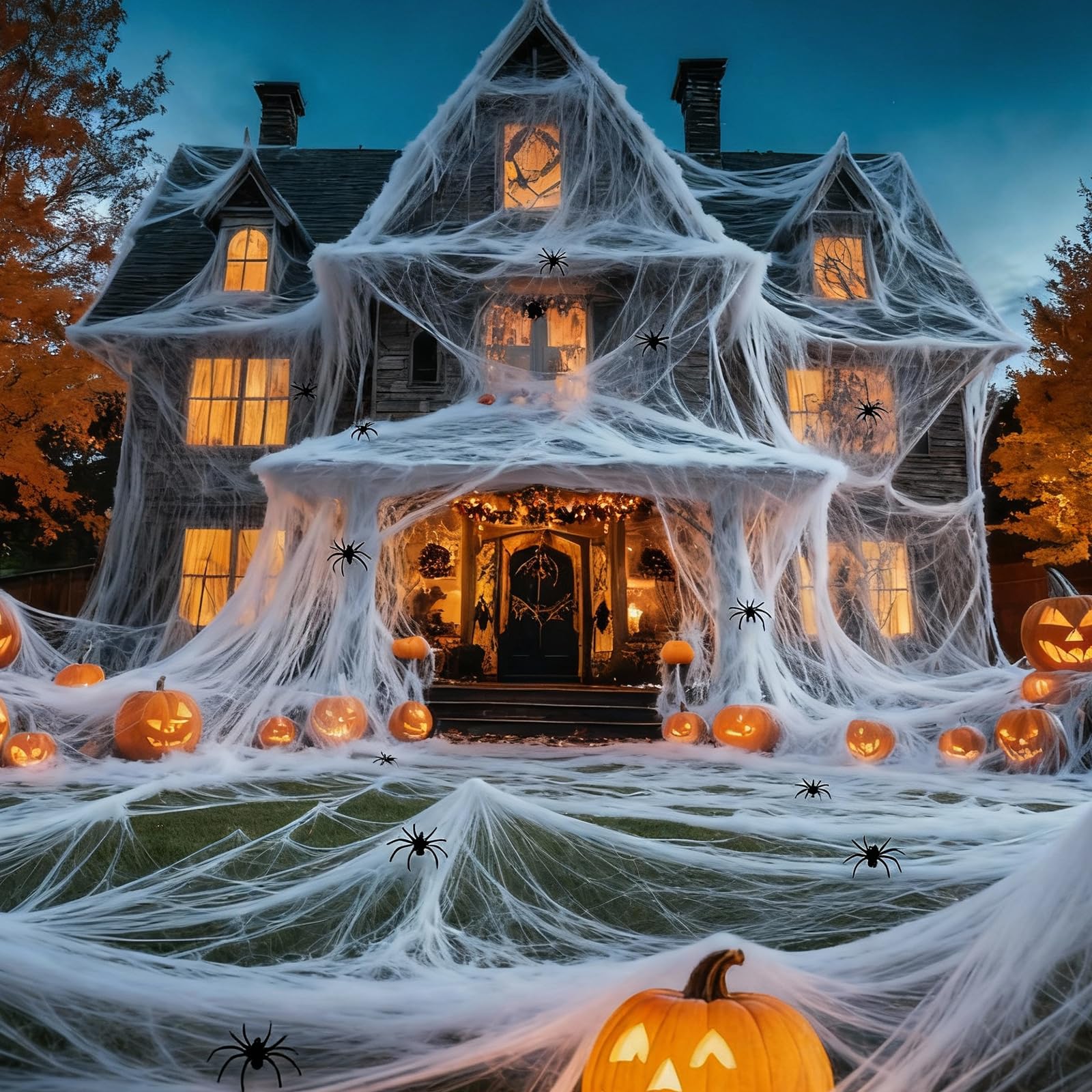 Image of 600 (200g) Halloween Web Decorations With 50 Fake , Super Stretchy Cobwebs For Indoor & Outdoor Halloween Decor, Scary Webs For Garden, Yard, Window, Tree, Home, Office, Parties & Haunted Houses