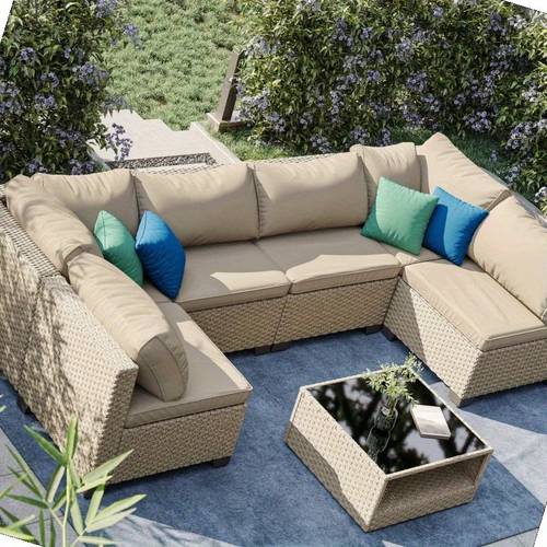 all weather outdoor patio furniture set 7pcs conversation sectional sofa with water resistant beige thick cushions and table for