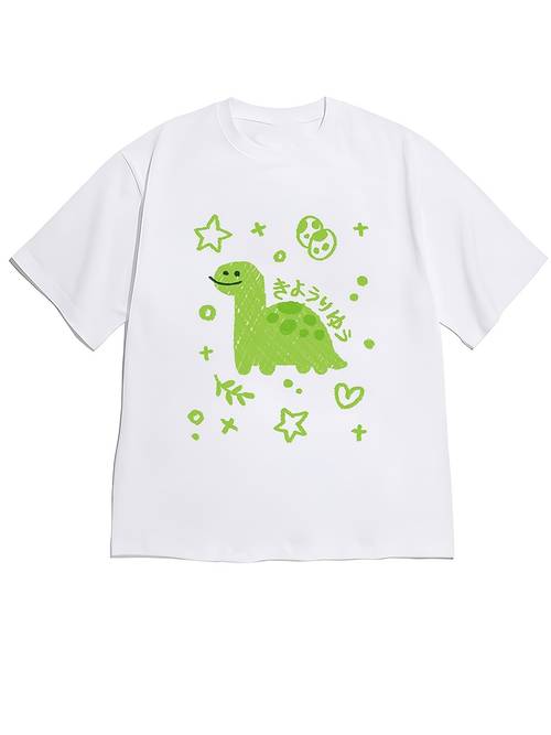 2026 spring summer shoulder short sleeve t shirt drawn style with dinosaur and stars mushrooms leaf decorations and japanese kyoryu character combination illustration white short sleeve t shirt japanese