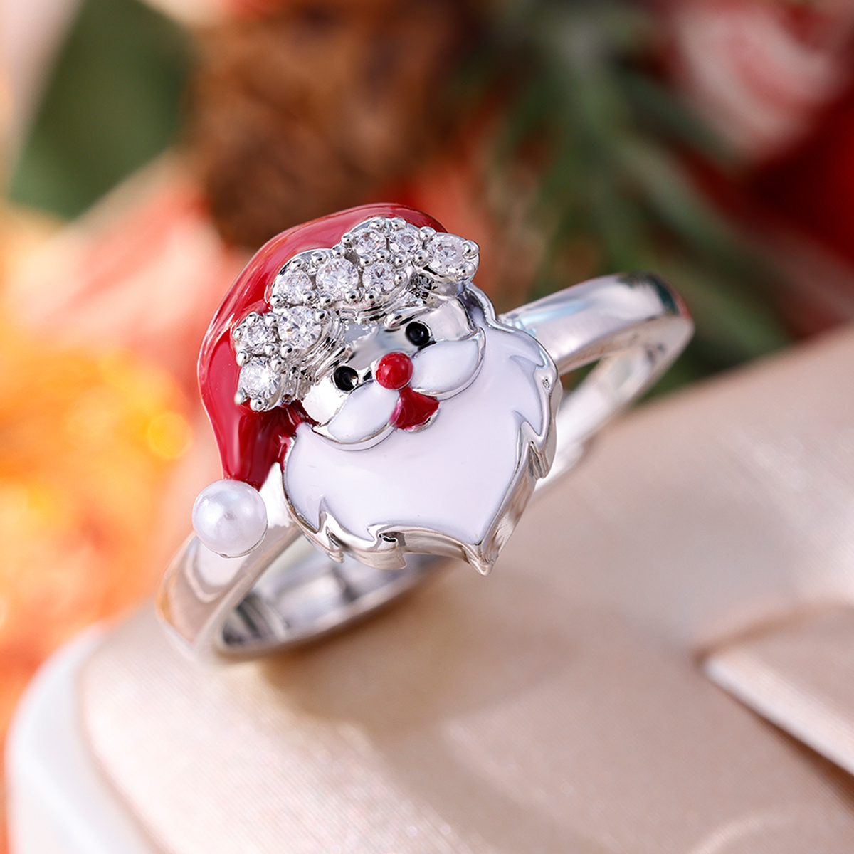 Women's Santa Claus Cartoon Design Ring, Copper with Zirconia