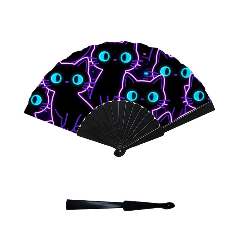 TEMU 2d Flat - 1pc 7-inch Neon Purple Black Cat Silhouette Single-sided 2d Printed Handheld Fan, Plastic Fan Bones Portable Cooling Fan, Suitable For