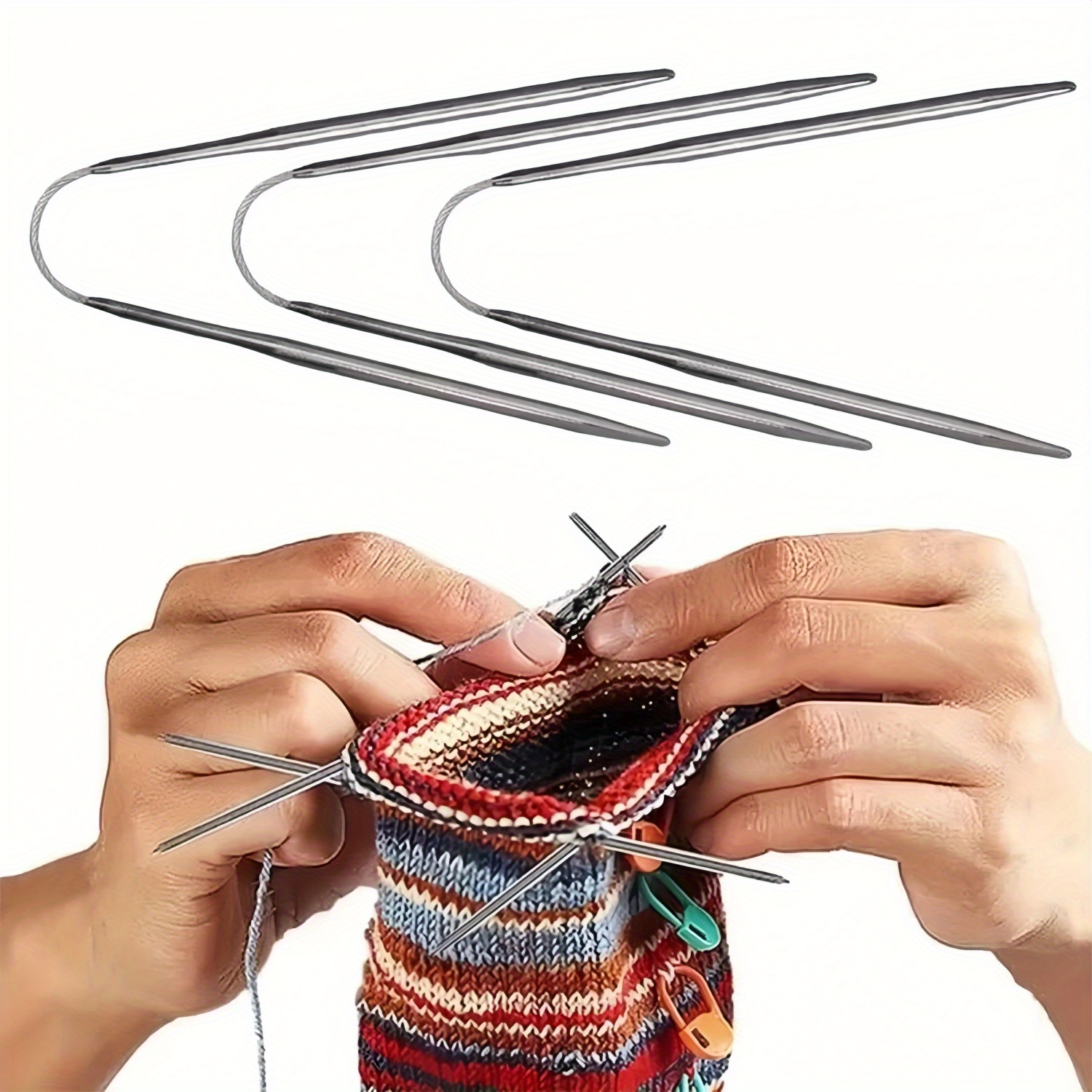 

3pcs Knitting Needles Set, Metal Cable, Loop Needles For Sweaters, Hats, Socks, Yarn Crafting, With Stitch Holders & Connector Caps, In Grey