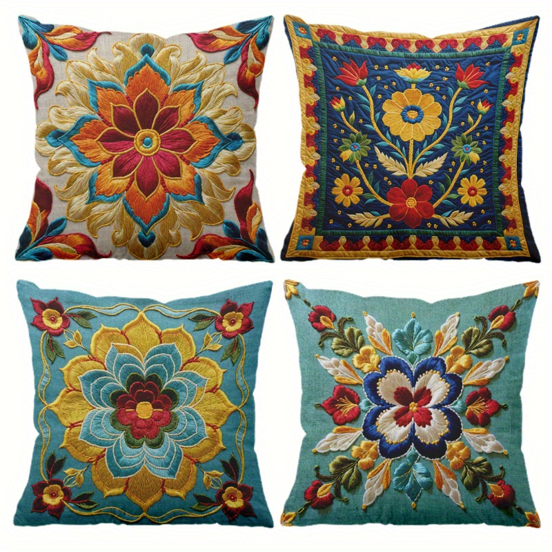 TEMU 4pcs Vintage Mid-century Throw Pillow Covers 18x18 Inch, 100% Polyester Zipper Closure Machine Washable Sofa Couch Living Room Bedroom Decor, No Insert Included -