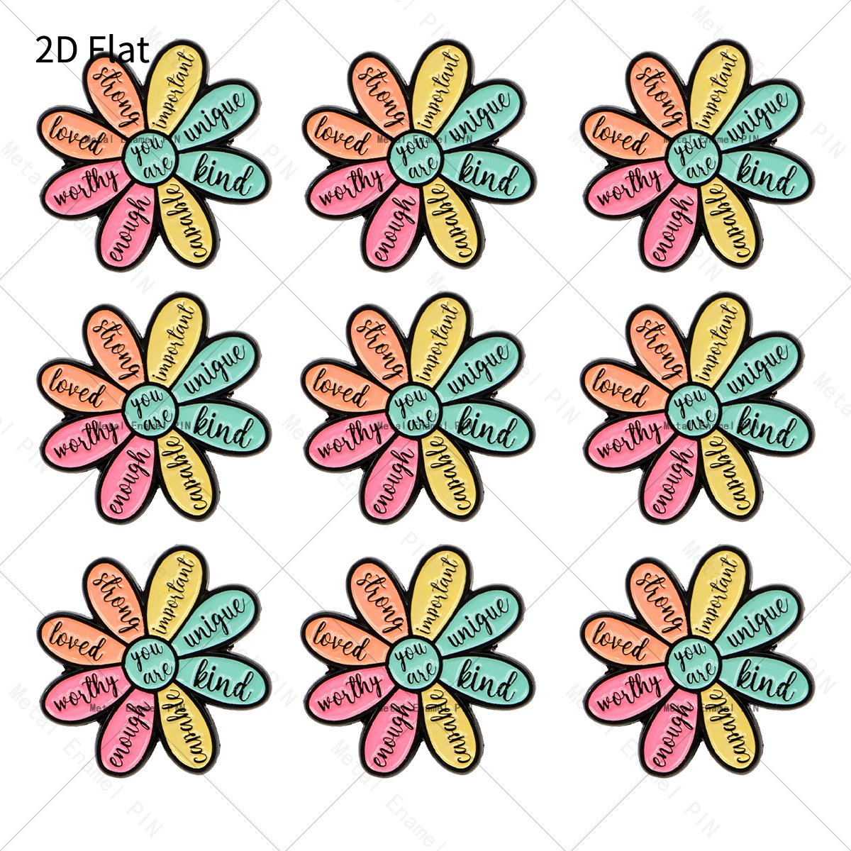 TEMU 2d Flat, 2d Flat 9pcs/set Positive Affirmation Flower Quote Lapel Pin Enamel Pins And Brooches Badge Pins For Backpacks Bags Backpack Cool