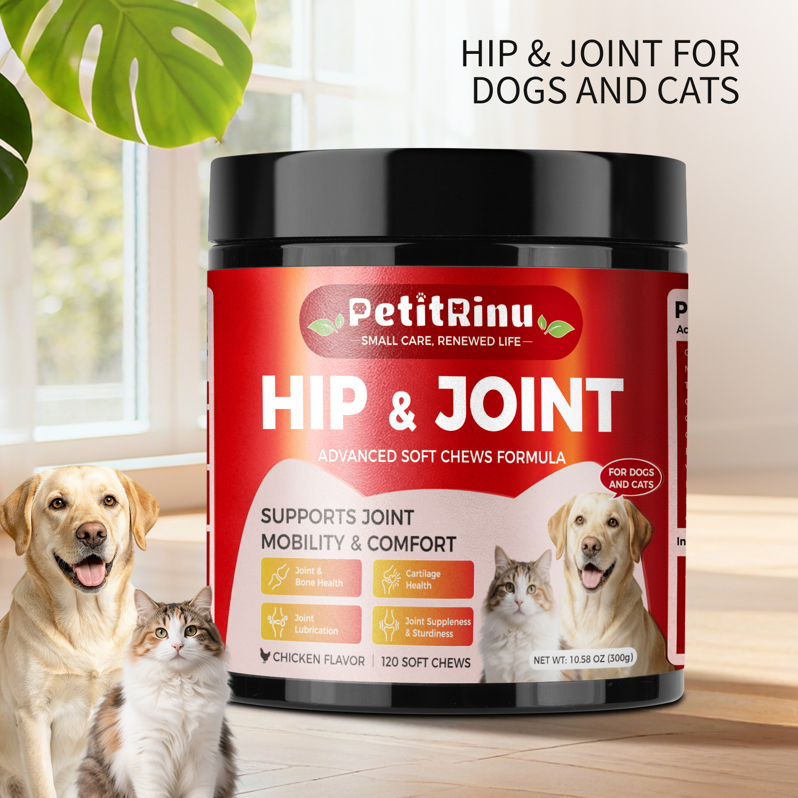 PETITRINU Joint Supplement for Dogs and Cats - Advanced Soft Chews with Glucosamine & Chondroitin - Supports Mobility, Flexibility & Cartilage Health - Chicken Flavor, 120 Count