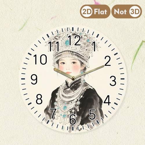 item picture ethnic girl portrait wall clock silver headdress turquoise jewelry watercolor art acrylic round clock 8 inch 12 inch silent non ticking quiet quartz aa battery not included living room bedside decor