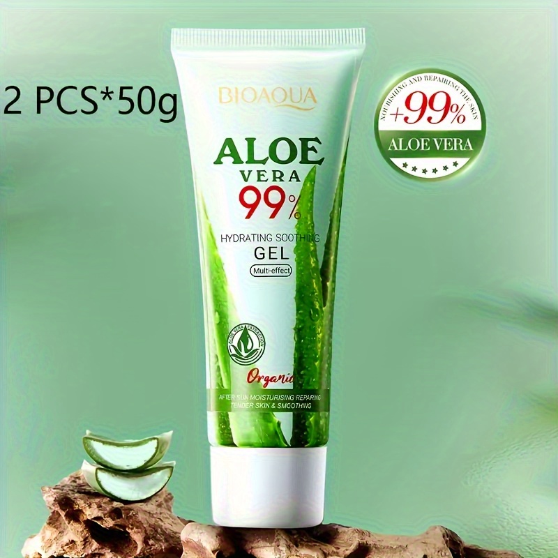 2 Bucăți BIOAQUA Gel Hidratant cu 99% Aloe Vera, Potrivit pentru Toate Tipurile de Piele - Fără Alcool, Fără Formaldehidă, cu Vitamina C, Nicotinamidă, Glicerină, Squalan Vegetal - Hidratant Intens pentru Piele Uscată, Post-Fade și Post-Procedură