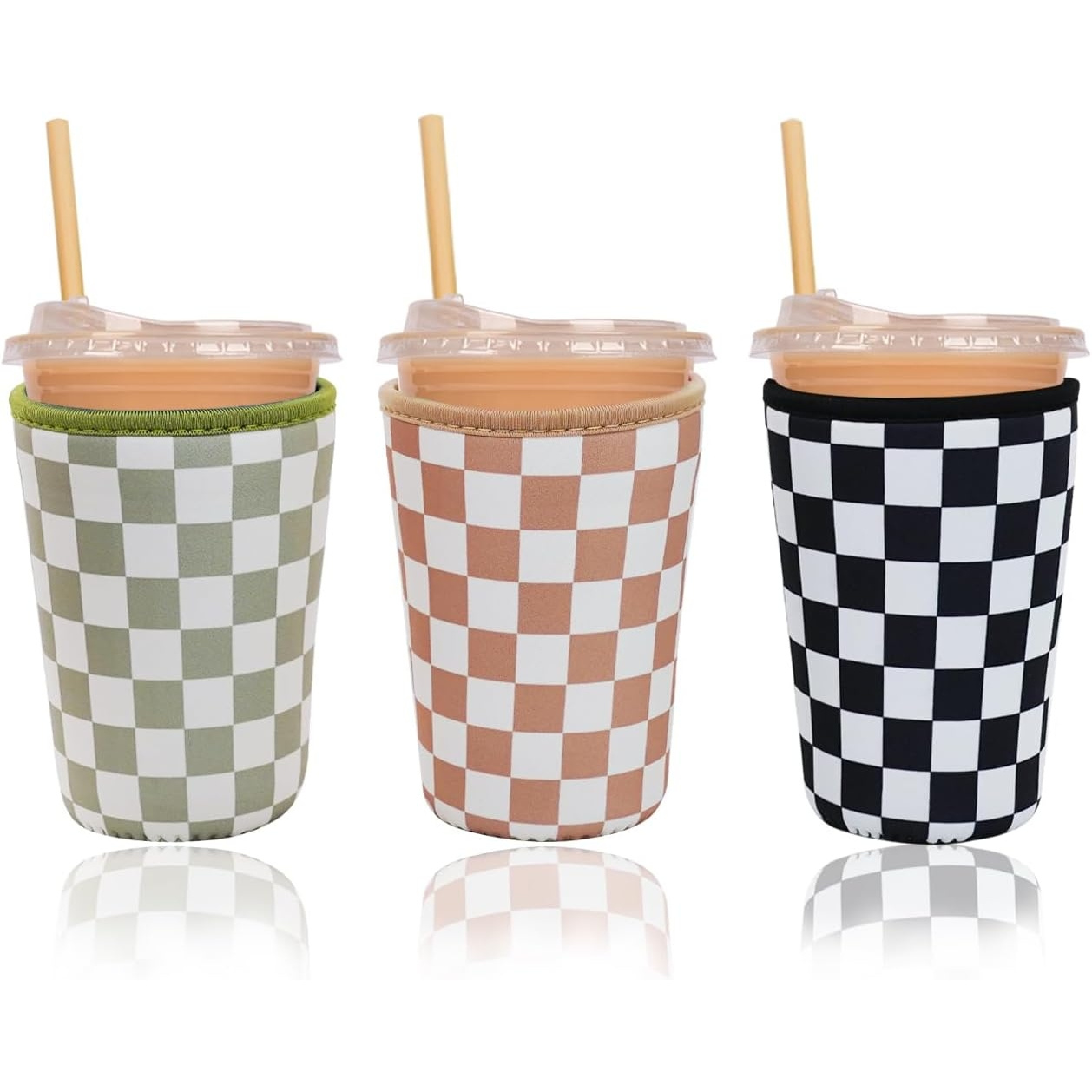 3pcs Reusable Insulated Neoprene Iced Coffee Cup Sleeve, Durable Drink Sleeve For Cold Beverages, Beverage Holder For Iced Coffee, 22-24oz Medium (checkered )