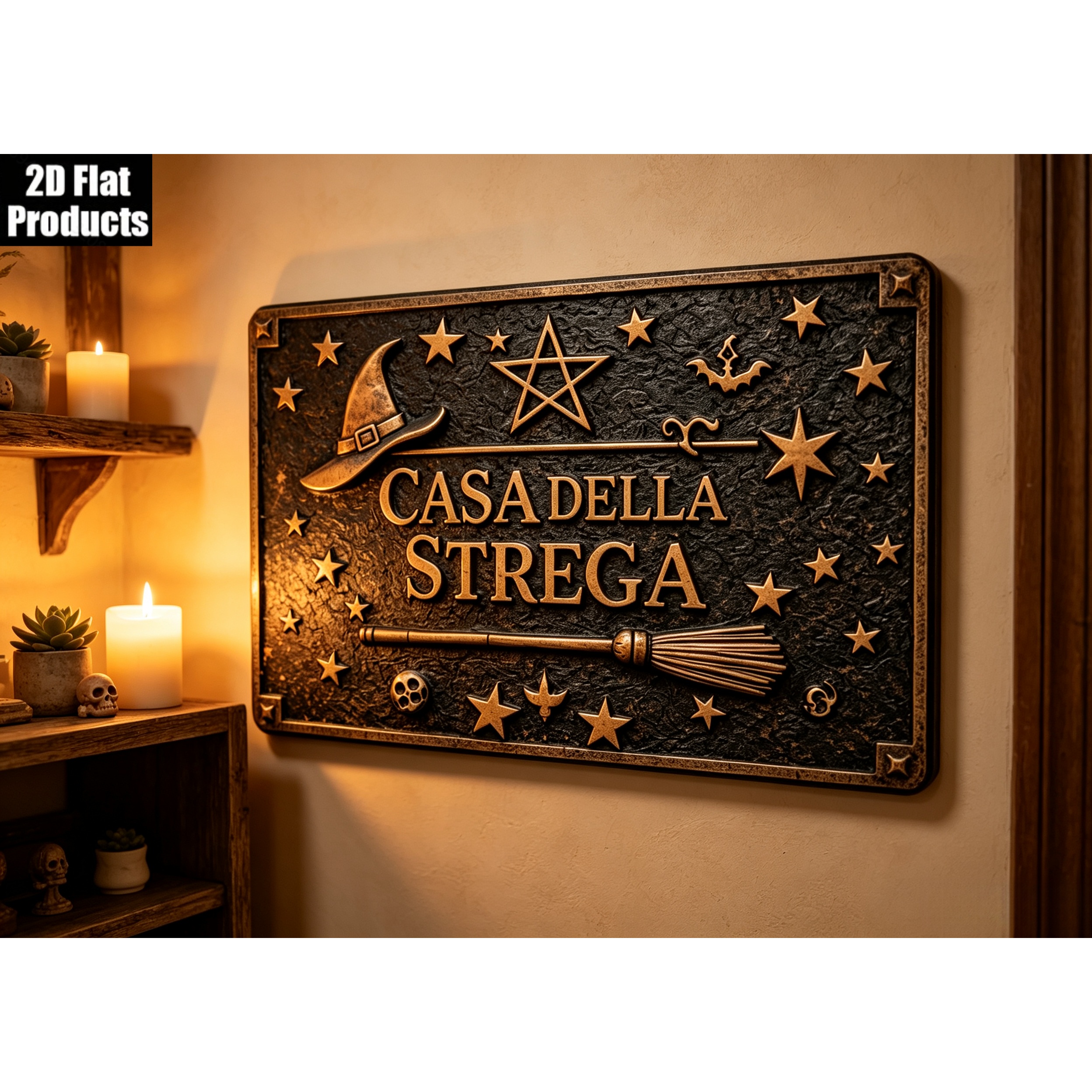 TEMU 2d Flat, 1pc Italian Slogan Retro Wooden Plaque, Featuring Elements Like Witch Hat, Pentagram, Broom, , And More, Italian "casa A Strega" (witch
