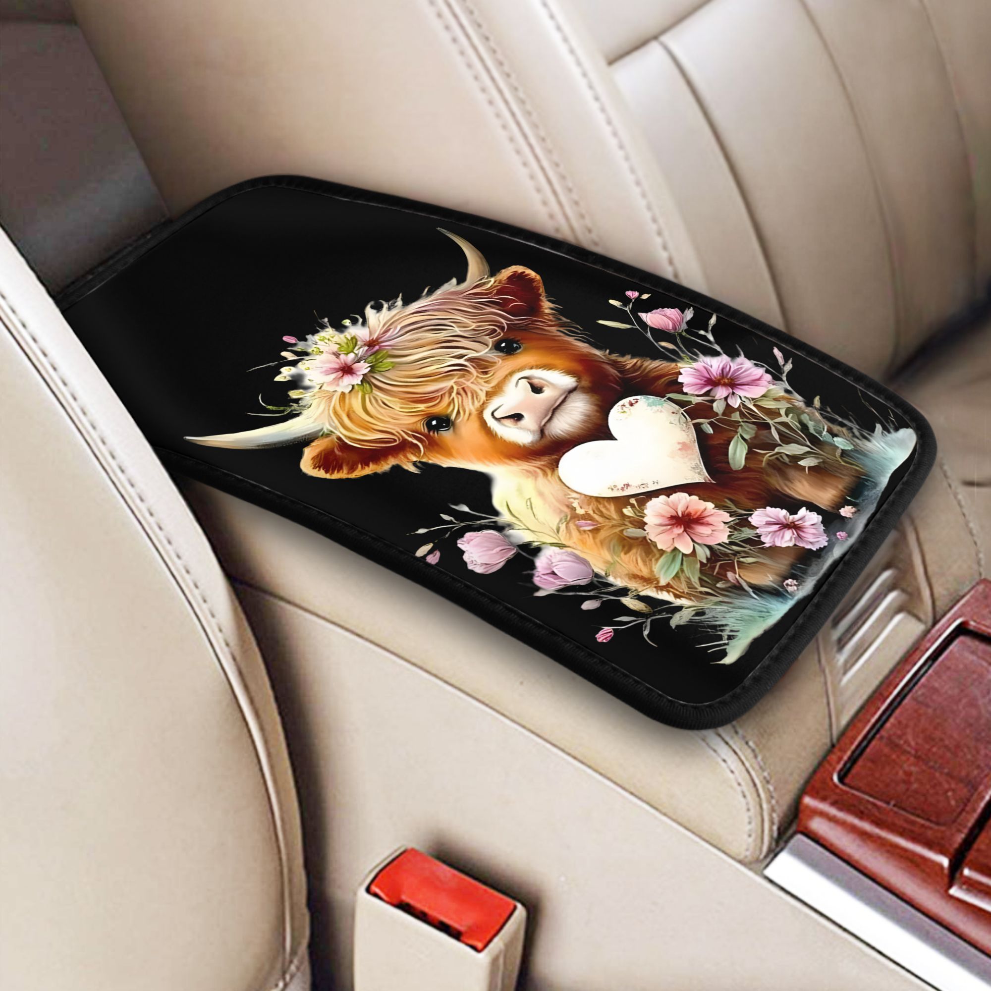 TEMU 1-pack Cute Scottish Highland Cow Car Armrest Cushion - Non-slip Dashboard Protector With Adorable Scottish Cow Design, Durable Fabric Cover