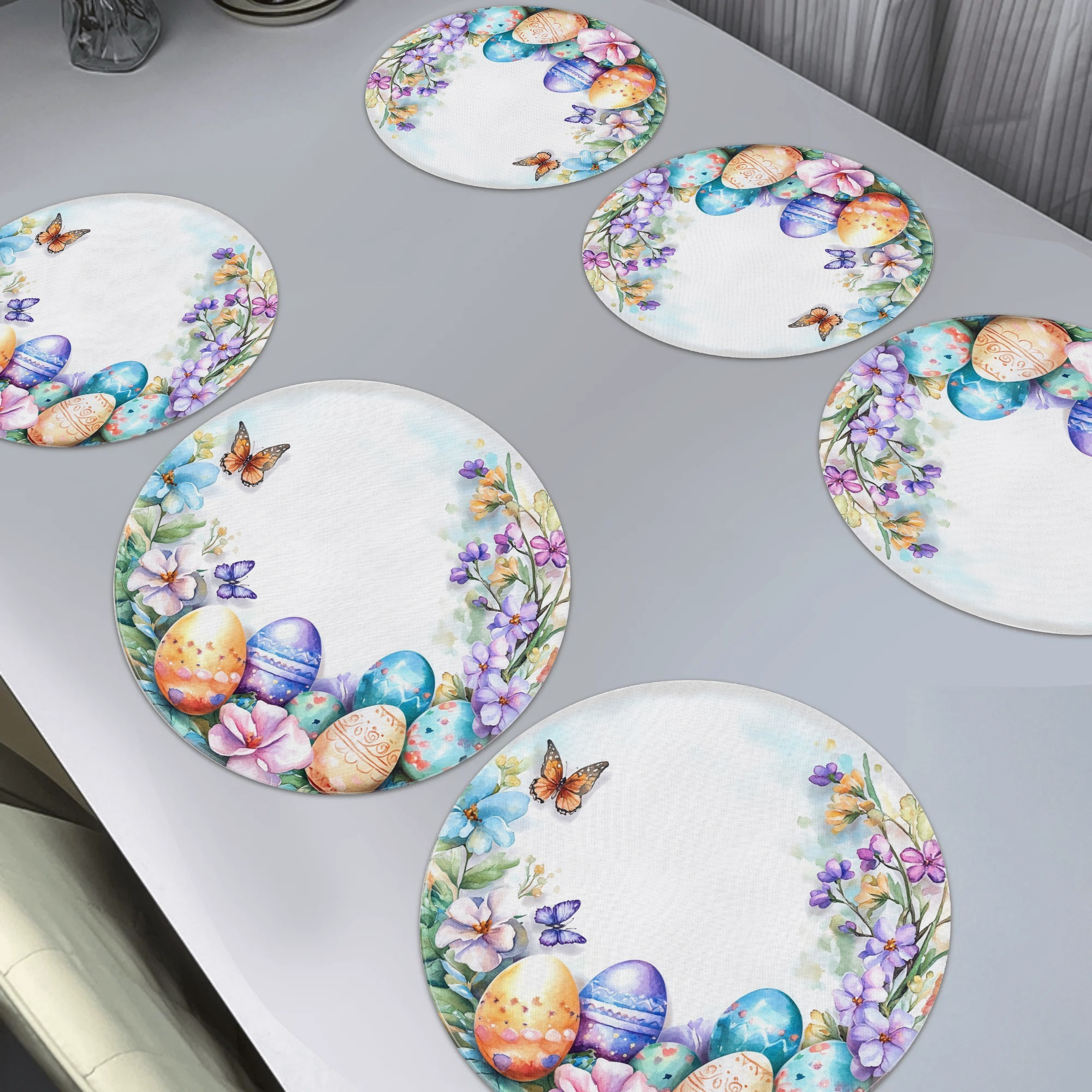 

6pcs 15inch Round Easter Placemats - Easy-to-clean, - Ideal For Dining Room, Restaurant, And Kitchen Decor Pastel Watercolor