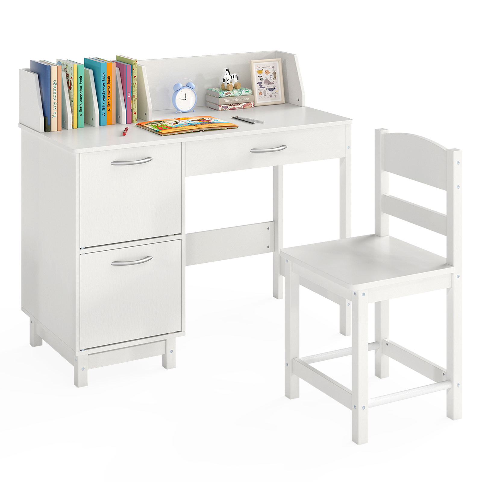 Kids Desk W/chair, Wooden Kid Table W/ Book Dividers, Storage Drawer & Cabinet, Writing Desk Set For Children Over 3 Years Old, Perfect For Home, School, White