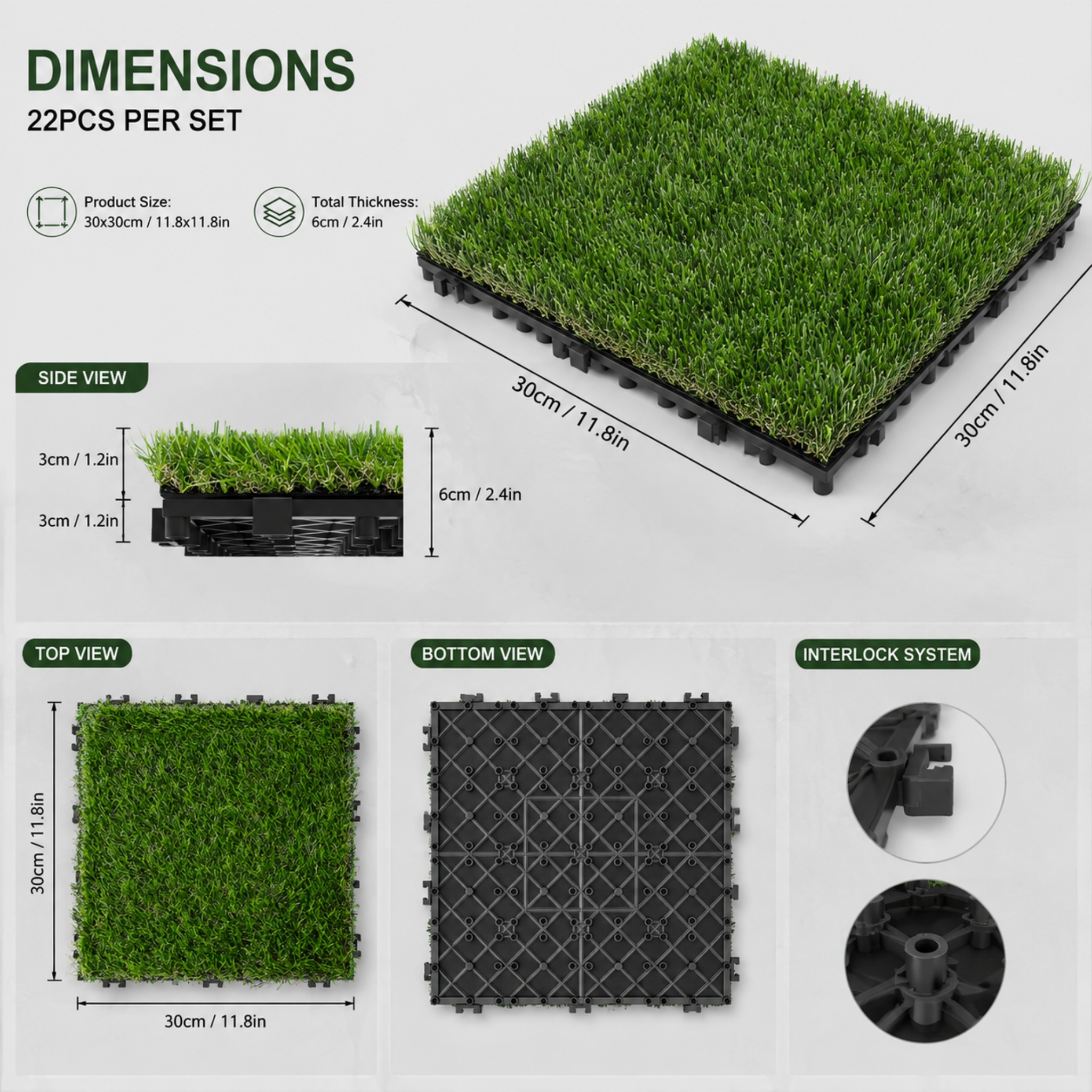 Image of 22pcs Artificial Lawn Tiles Flooring Artificial Mat Lawn Carpet Carpet Plastic Outdoor For Balcony Terrace 6cm Thickness