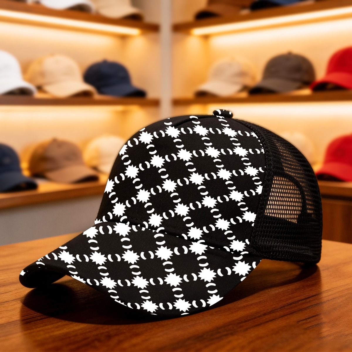 TEMU 1pc Lightweight Duckbill Cap With Geometric Star Print - Non-stretch Mesh Hat Suitable For , Round Top & Curved Brim, Semi-mesh Panel, Closure,