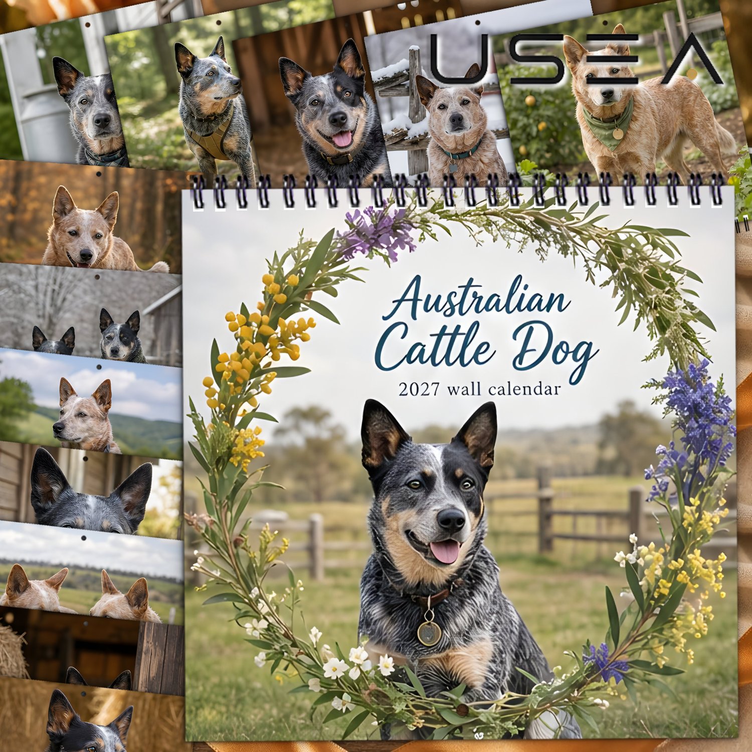 TEMU 2027 Wall Calendar 2027 Australian Cattle Dog Wall Calendar, Twin Wire Spiral Hanging Calendar, Monthly Planner With Large Blocks, Botanical