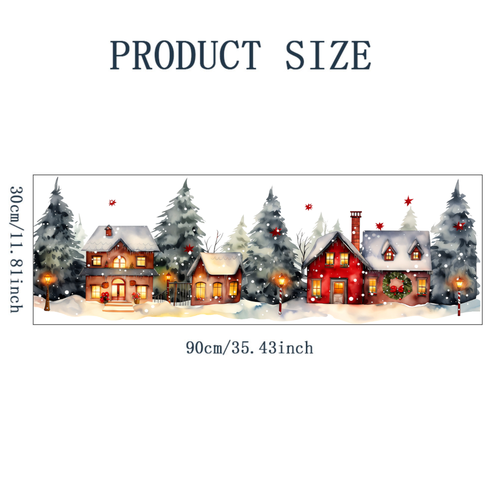 TEMU 1pc Winter Scene Irregular Static Window Clings Window Stickers Christmas Houses And Snowy Trees For Living Room Bedroom Office Home Decoration