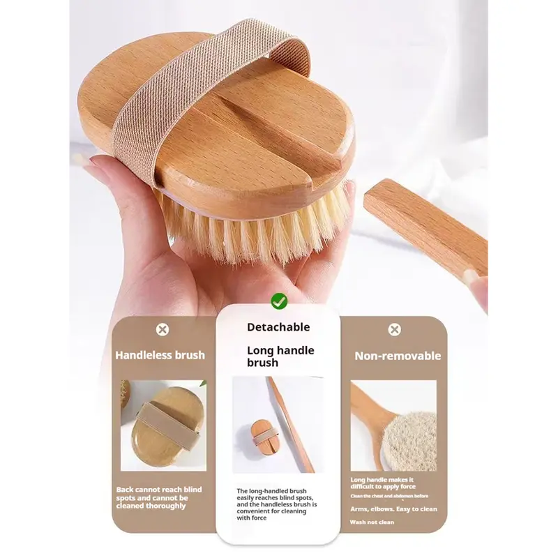 1pc natural bristle long handle back bath brush detachable handle and elastic used wet or dry gentle body cleansing and exfoliation no power required body brush long handle shower brush shower supplies Product details 3