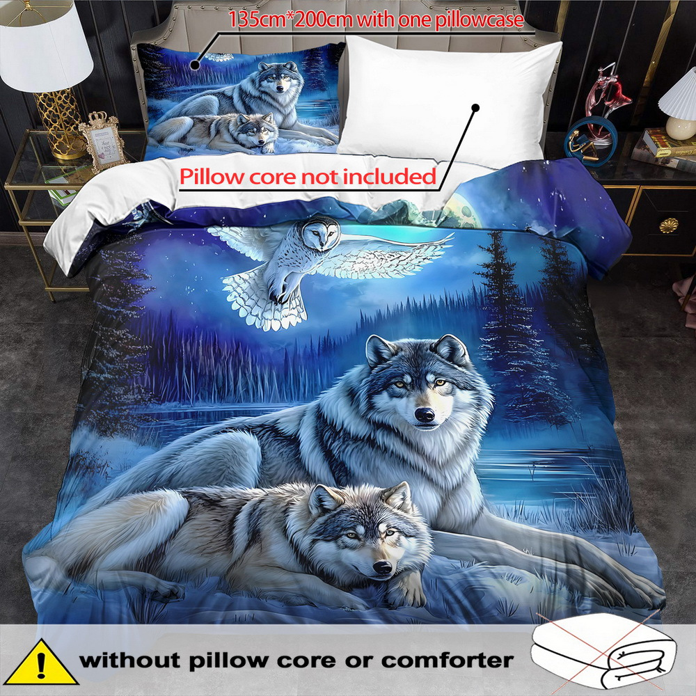 E-shop Bettwäsche-Set mit offener Fantasy-Tier-Motiv-Daunenbettdecke - 2/3-teilig, weich, bequem und atmungsaktiv, Bettwäsche mit Wolf-Musterdruck,