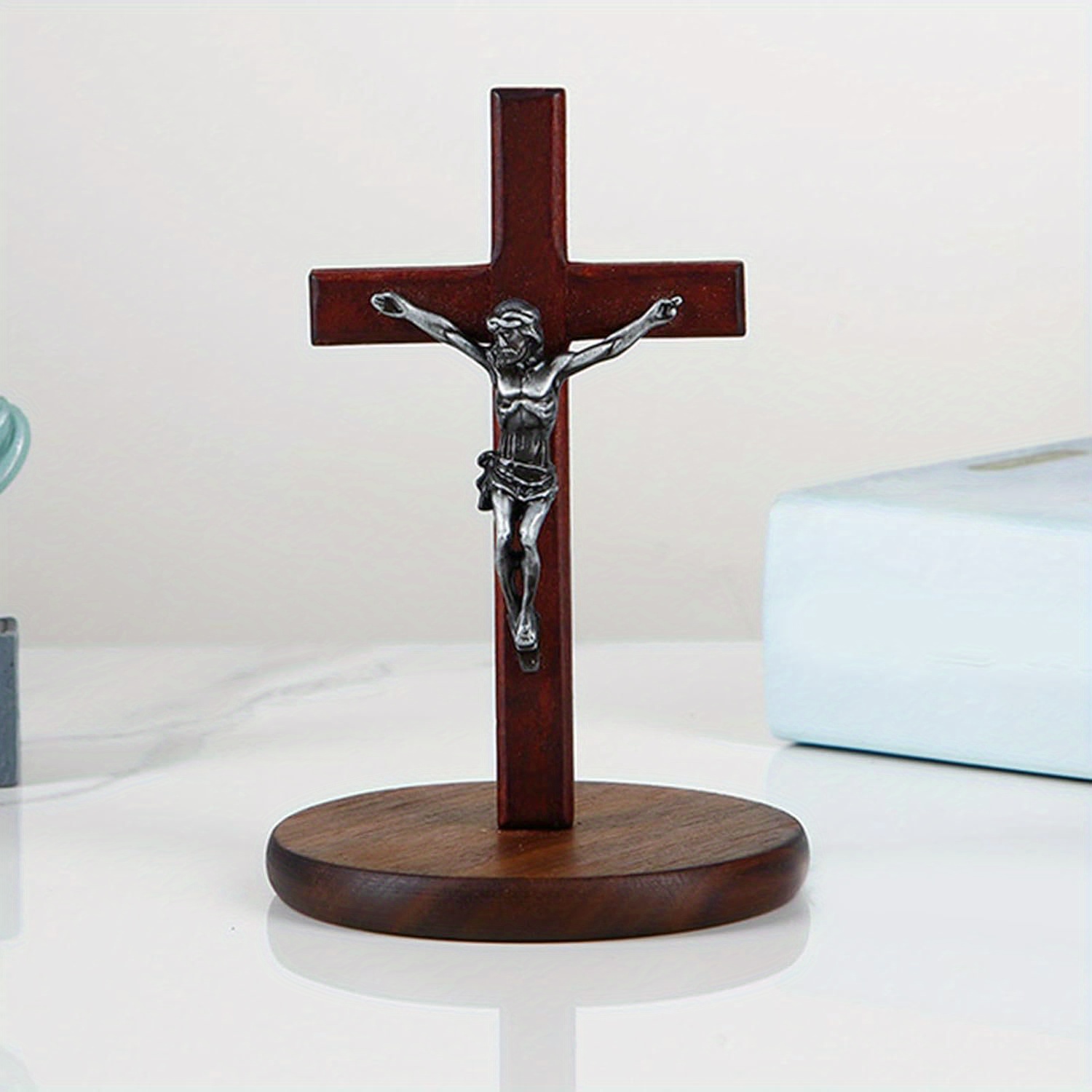Statue Croix En Bois Avec Support - Décoration Religieuse Catholique Pour Maison Et Église