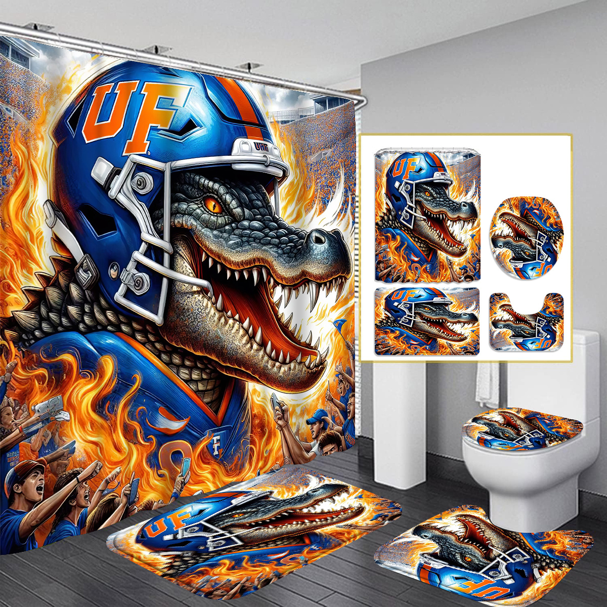 

1pc/4pcs Gator Football Shower Curtain Set, Waterproof Polyester Bath Curtain With 12 Hooks, Non-slip Bath Mat, Toilet Lid Cover, Washable, Woven, Christmas & Universal Holiday Decor