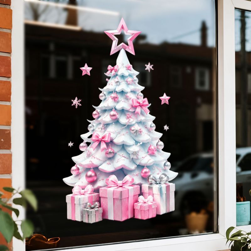 TEMU 1pc 2d Flat Pattern Sticker, Christmas Window Decal, Window Flower, Glass Mural Window Door Decoration Sticker Pink Christmas Tree Holiday Gift