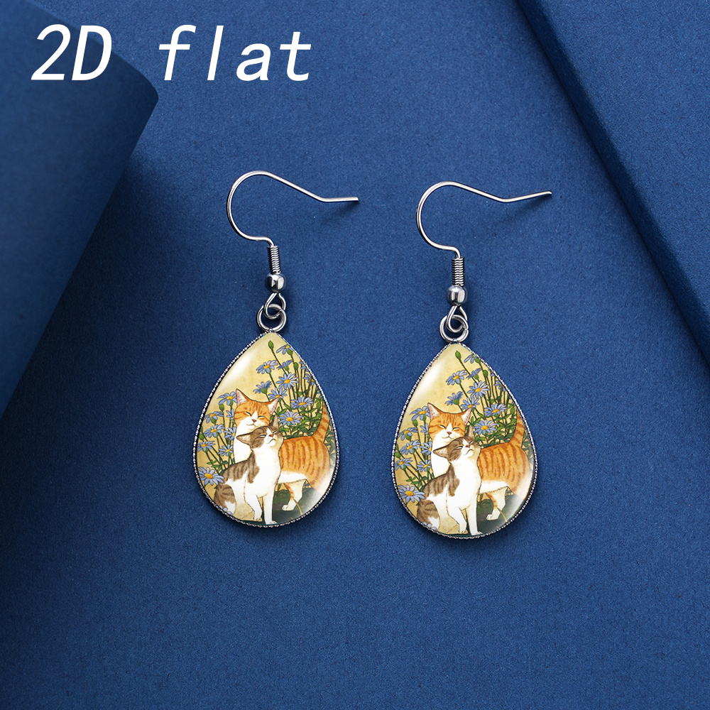 Women's Cute Cat Pattern Gem Glass Teardrop Earrings