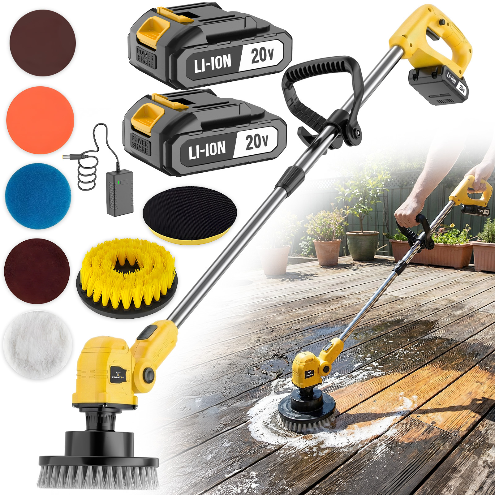 20V Wireless Multifunctional Cleaning Brush Set, Electric with Telescopic Long Pole