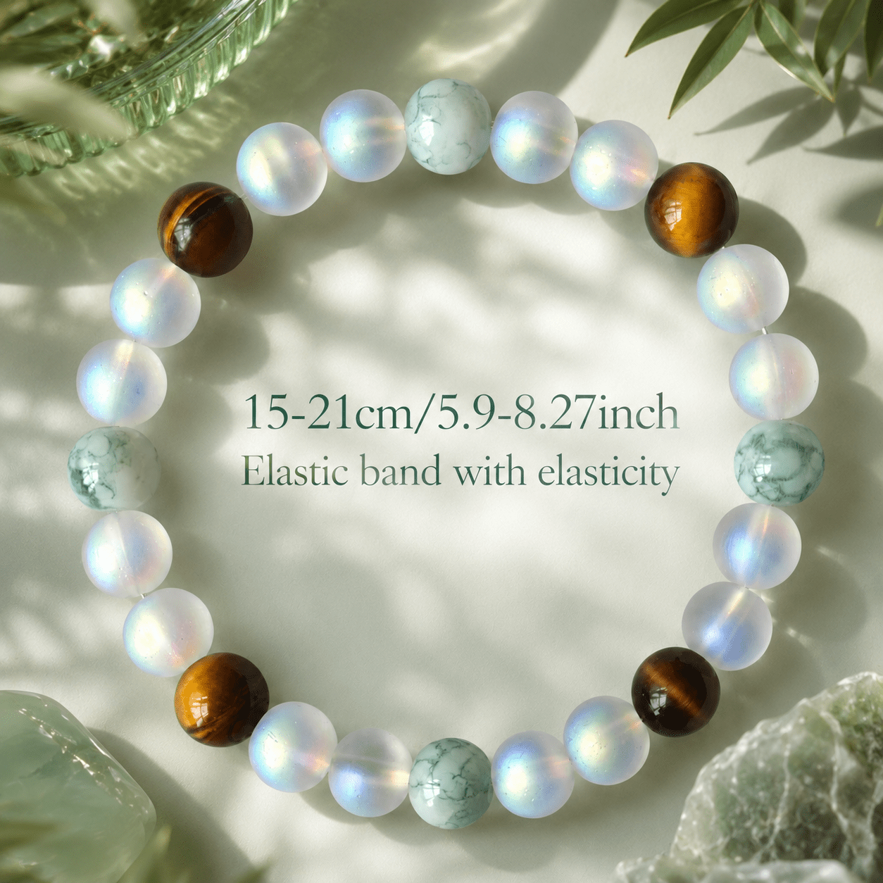Wealth Bead Bracelet with Mossy Agate, Moonstone & Tiger's Eye