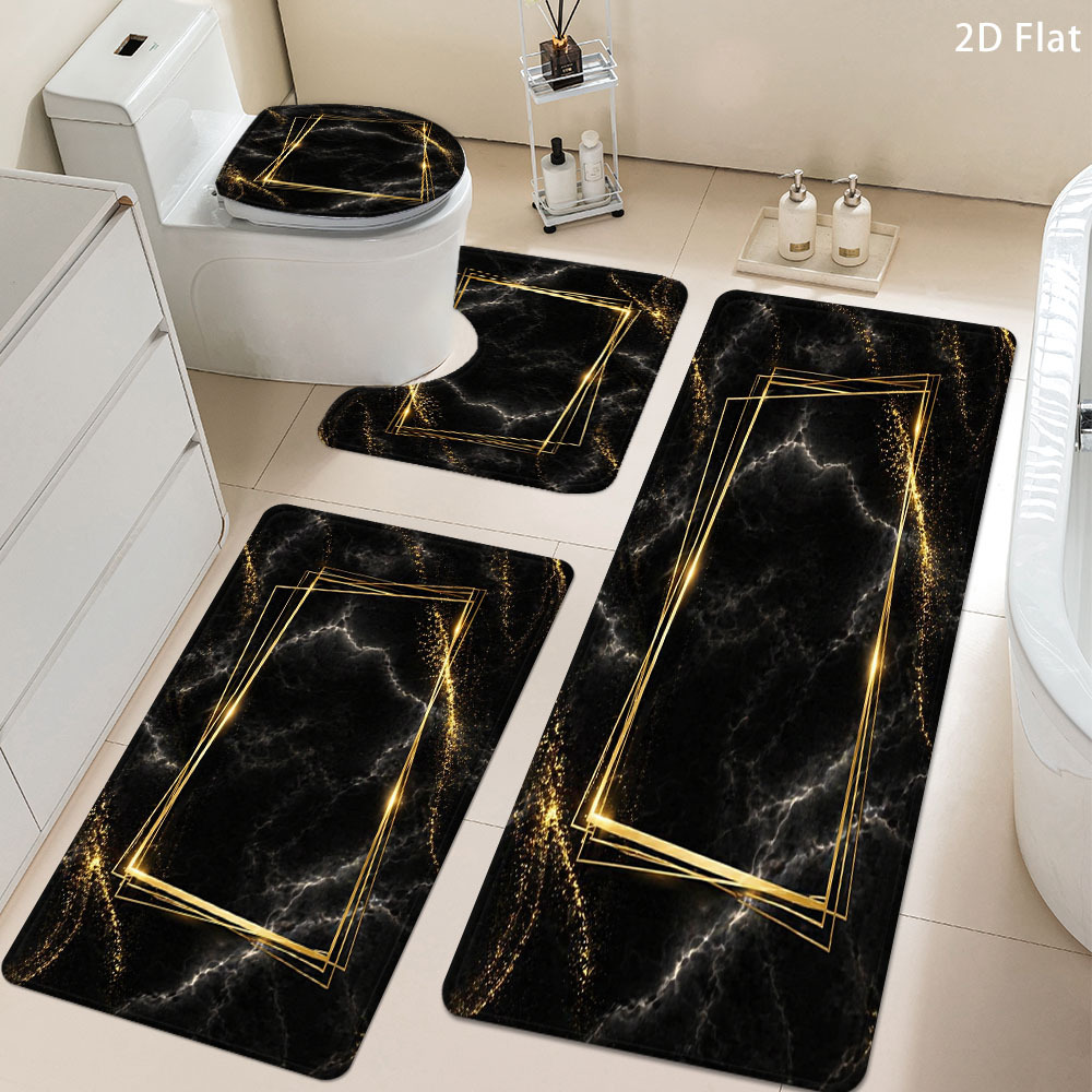 TEMU 2d Flat, 2d Flat 3/4pcs Bathroom Anti-slip Mat Set, Black And Golden Flowing , Home Decor Shower Room Entrance Absorbent Floor Mat, Household