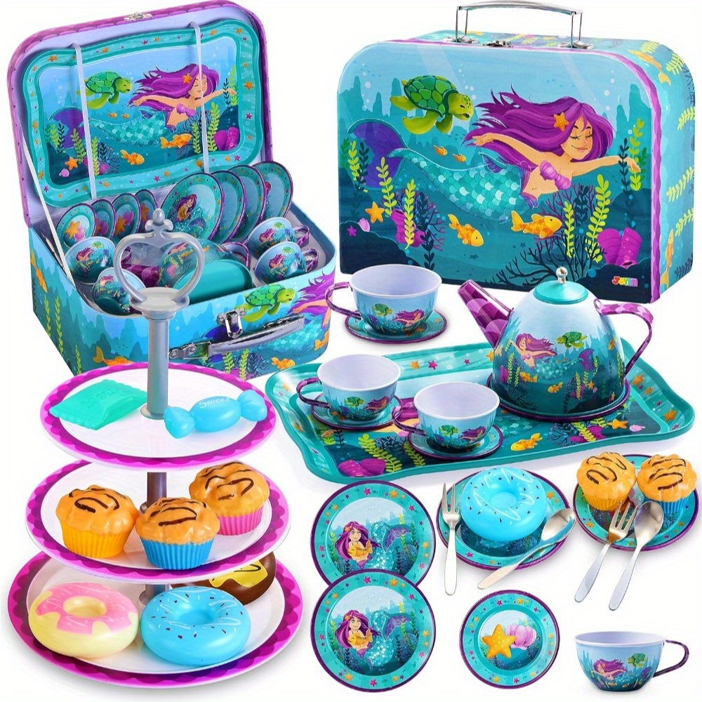 TEMU 35pcs Mermaid Tea Party Set For Little Girls, Pretend Tin Teapot Set, Time Play Kitchen Toy With Dessert, Doughnut, Carrying Case For Birthday