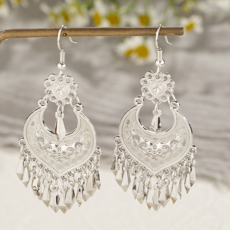 TEMU 1 Pair Of 925 Silver Plated Earrings, Fashionable Retro Ethnic Style Earrings, Tassel Temperament, Personalized Earrings