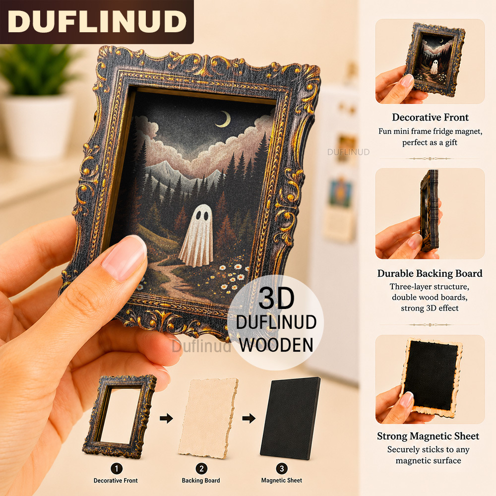 TEMU Retro Forest Ghost Fridge Magnet, Mini, Micro Halloween Themed Design, With Dark Border And Forest Scene, Wooden Fridge Sticker, Refrigerator