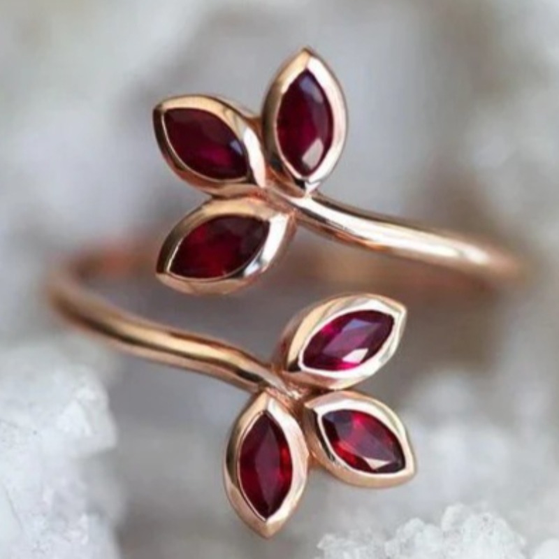 Image of Fashion Simple Inlay Red Synthetic Gemstone Leaf Petals Ring For Women Daily Party Holiday Open Adjustable Ring Jewelry