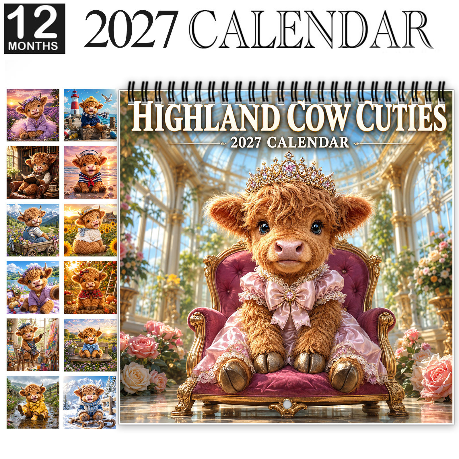 TEMU 1pc 2027 Highland Cow Wall Calendar, Spiral-bound 12-month Animal Calendar With Large Date-writing Space, Featuring Adorable Fluffy Cows In